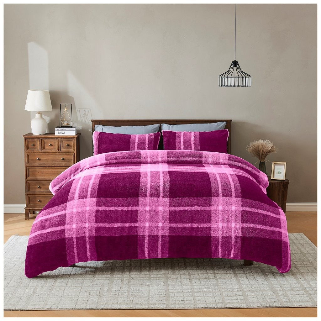 Liam Check Printed Teddy Duvet Cover Set | 6 Colours