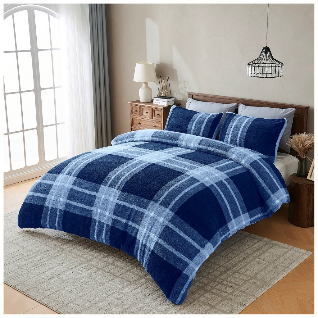 Liam Check Printed Teddy Duvet Cover Set | 6 Colours