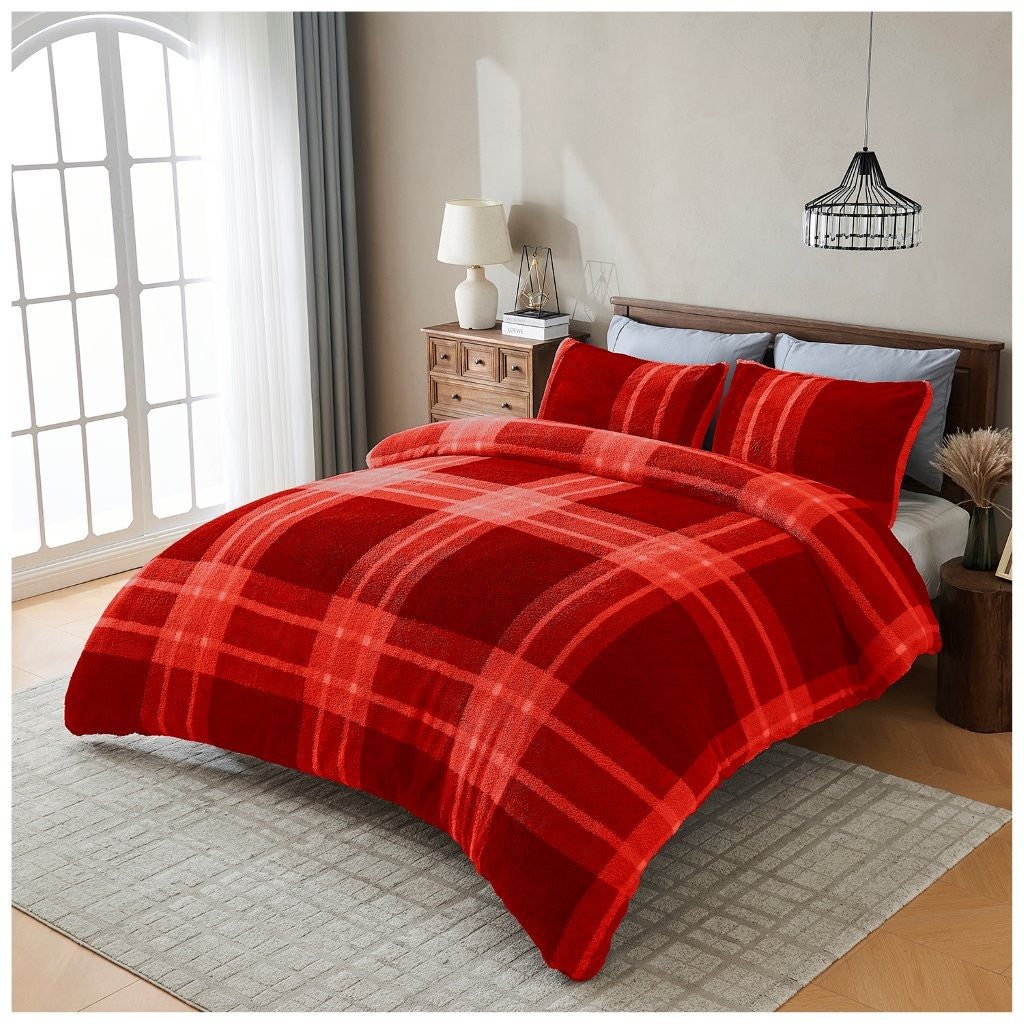 Liam Check Printed Teddy Duvet Cover Set | 6 Colours