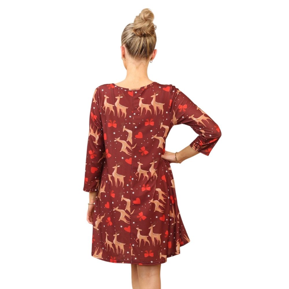 Maroon Stag Casual Loose Swing Summer Dress