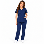 Navy women's V-neck medical scrub top view 2
