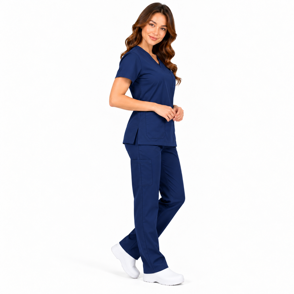 Navy women's V-neck medical scrub top view 3