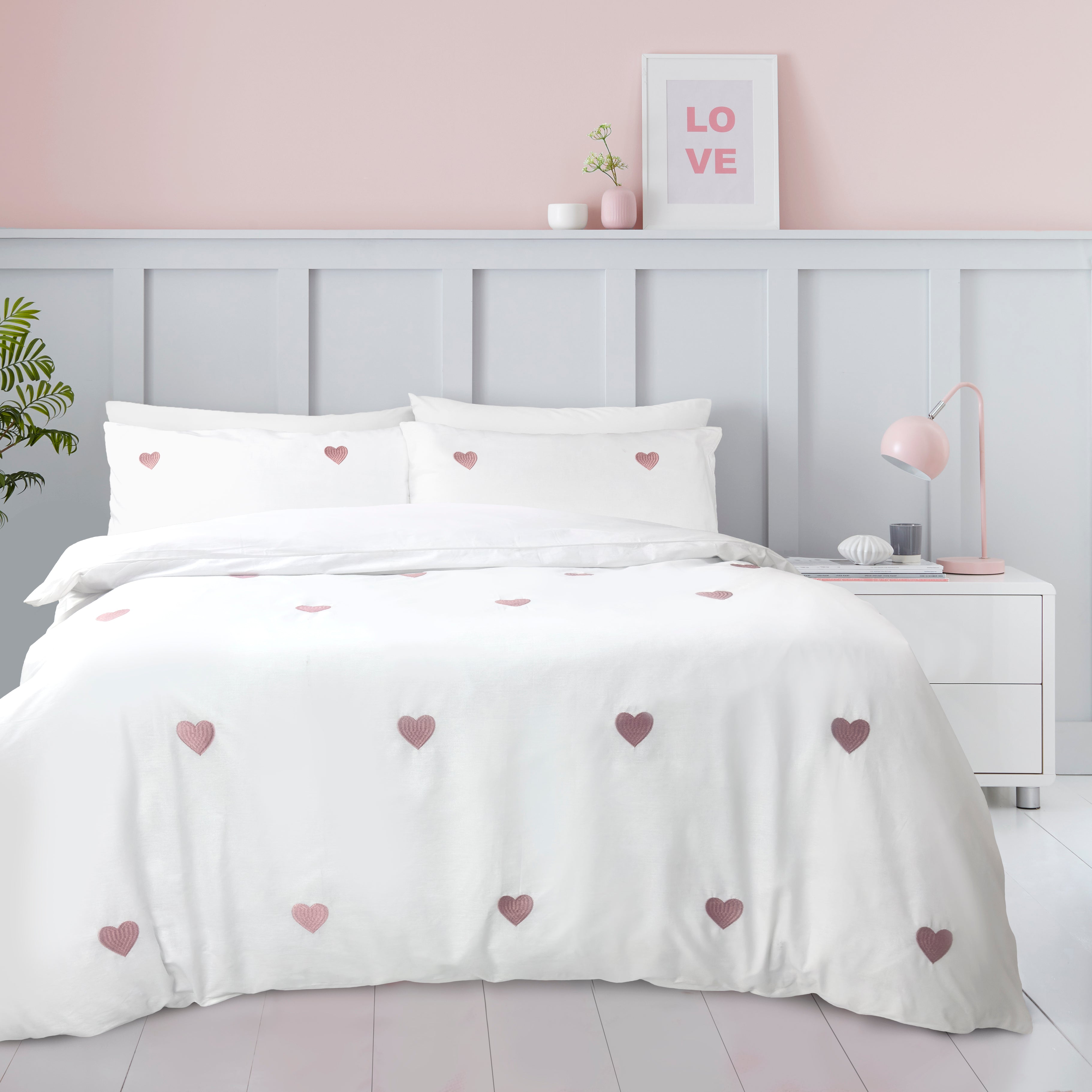 Hearts Embroidered Duvet Cover Set | Grey & Pink