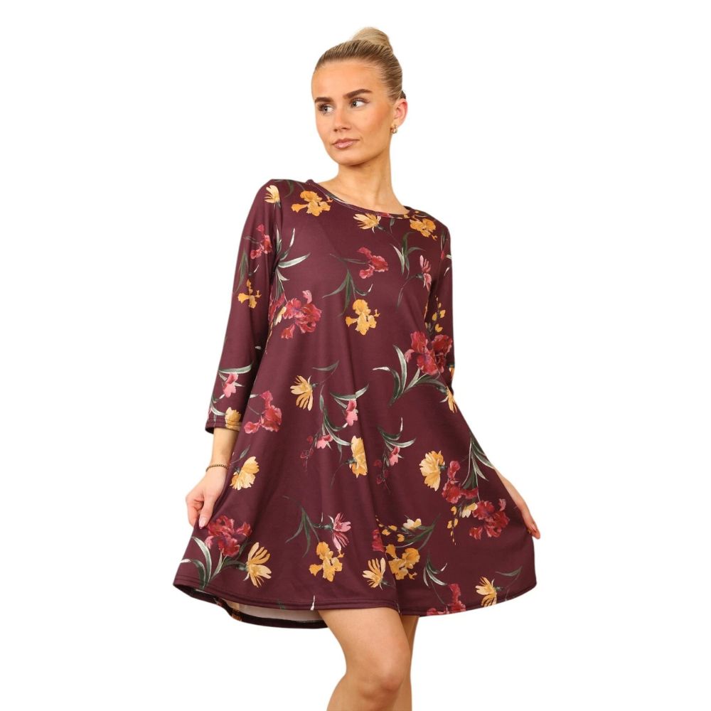 Plum Floral Casual Loose Swing Summer Dress