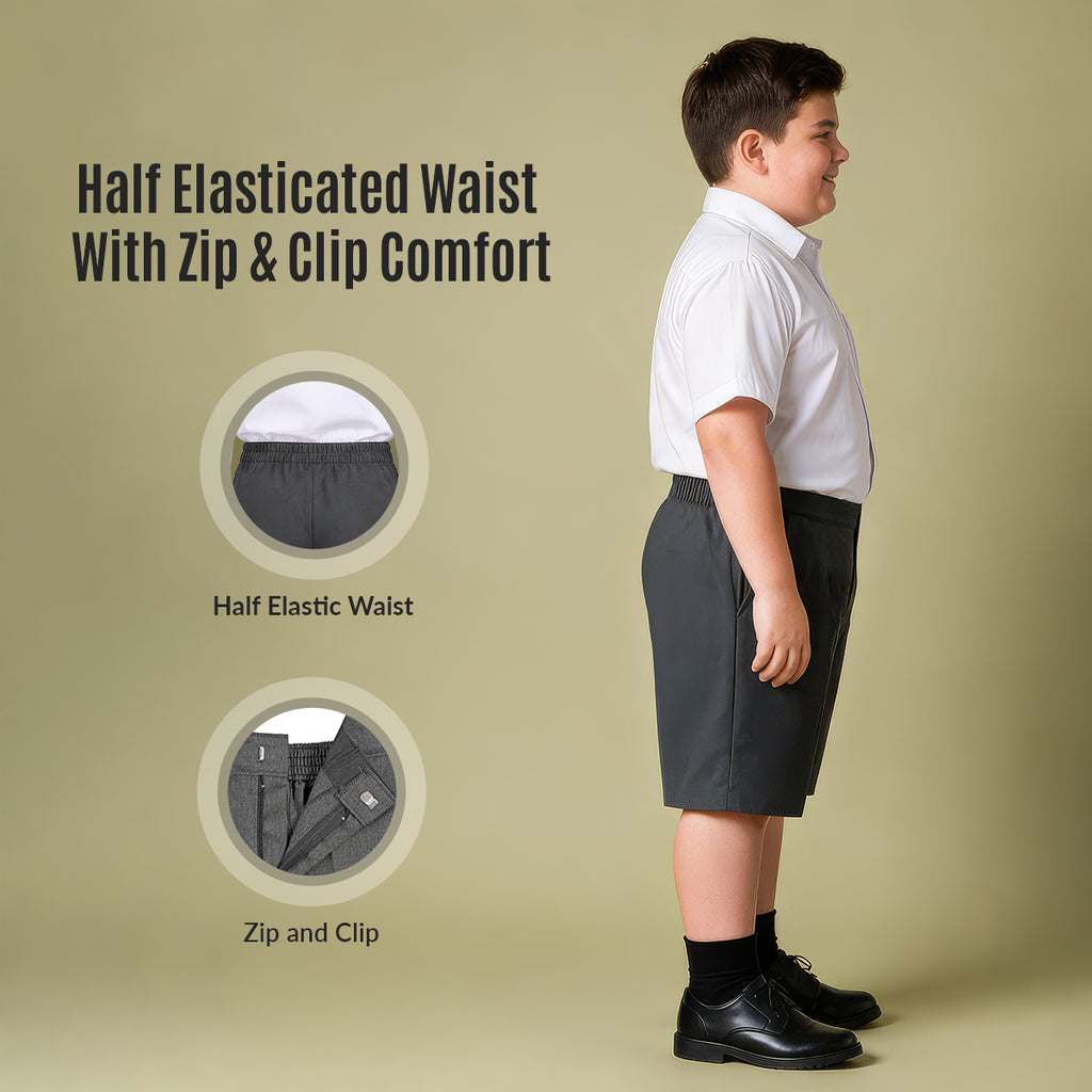Grey Plus Size School Shorts – Half Elasticated Waist with Zip & Clip