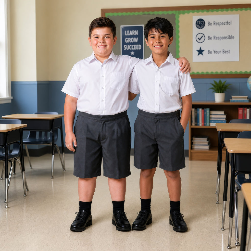 Pack of 2 Grey Plus Size School Shorts – Half Elasticated Waist with Zip & Clip