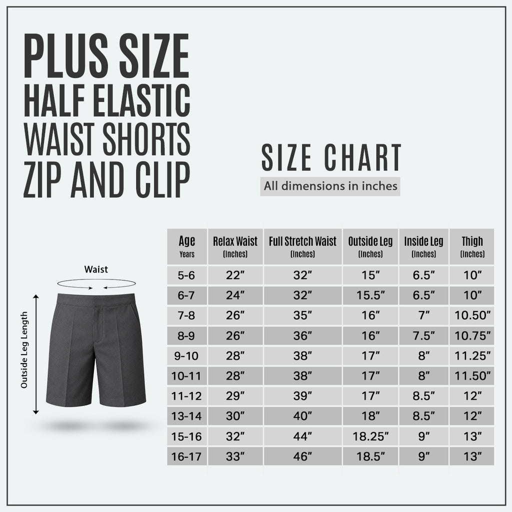 Grey Plus Size School Shorts – Half Elasticated Waist with Zip & Clip
