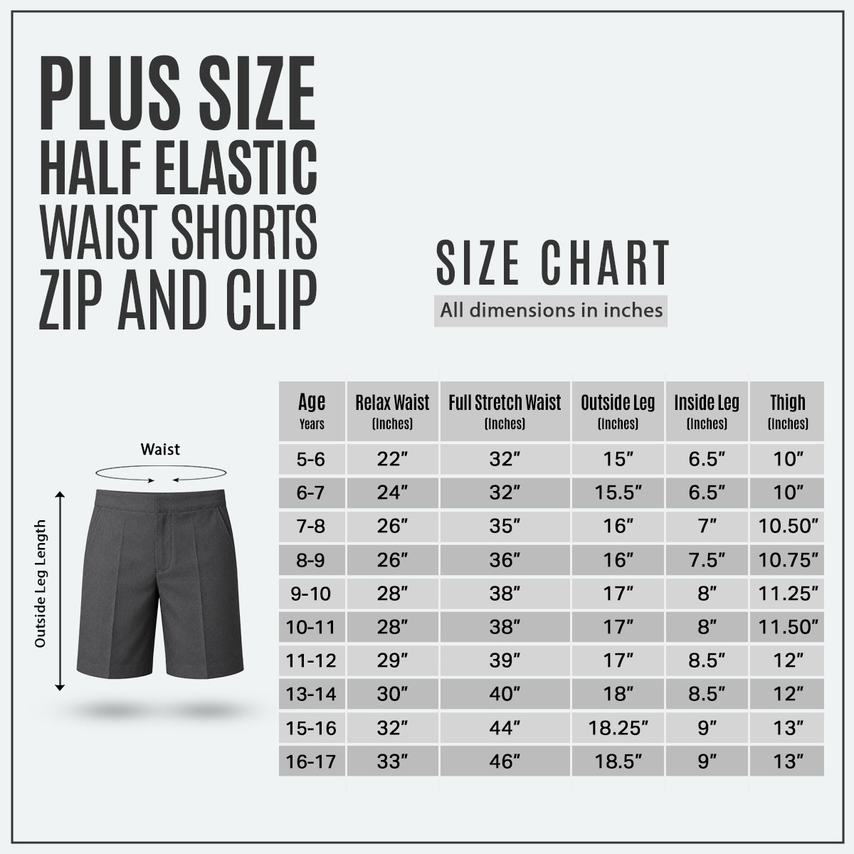 Pack of 2 Grey Plus Size School Shorts – Half Elasticated Waist with Zip & Clip
