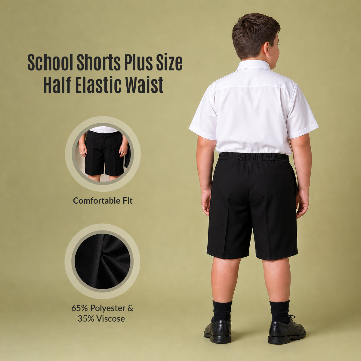 Pack of 2 Black Plus Size School Shorts – Half Elasticated Waist with Zip & Clip