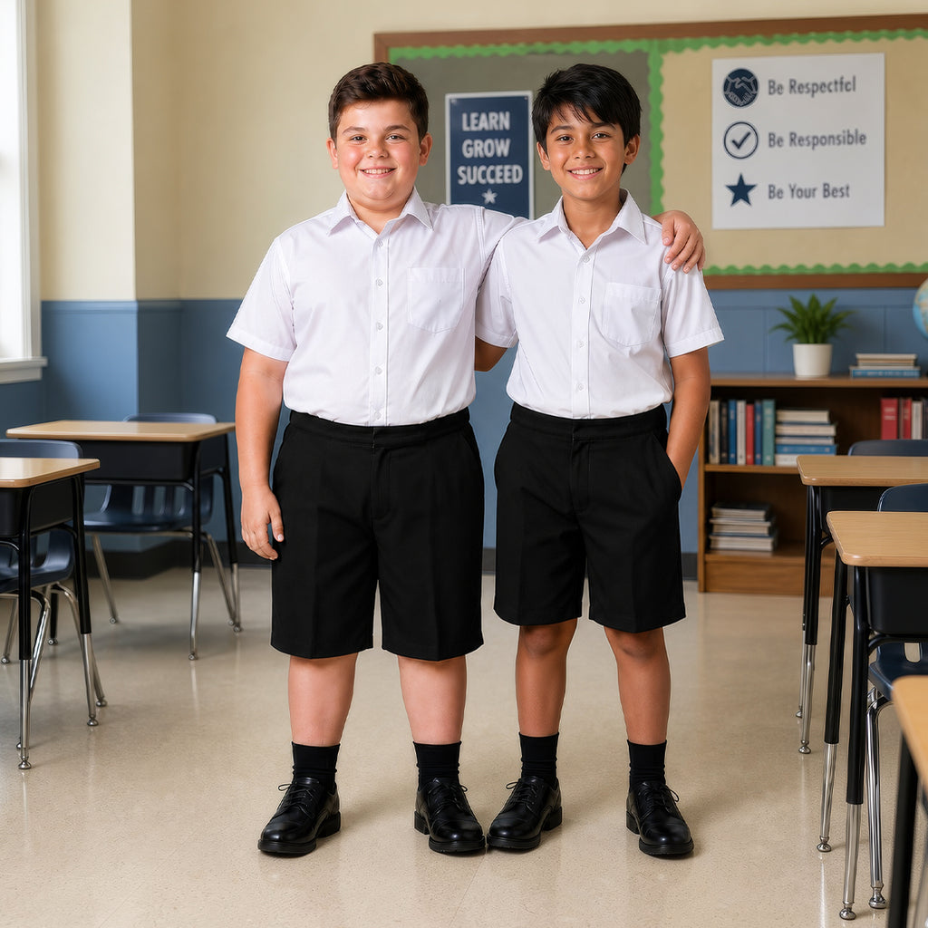 Pack of 2 Black Plus Size School Shorts – Half Elasticated Waist with Zip & Clip