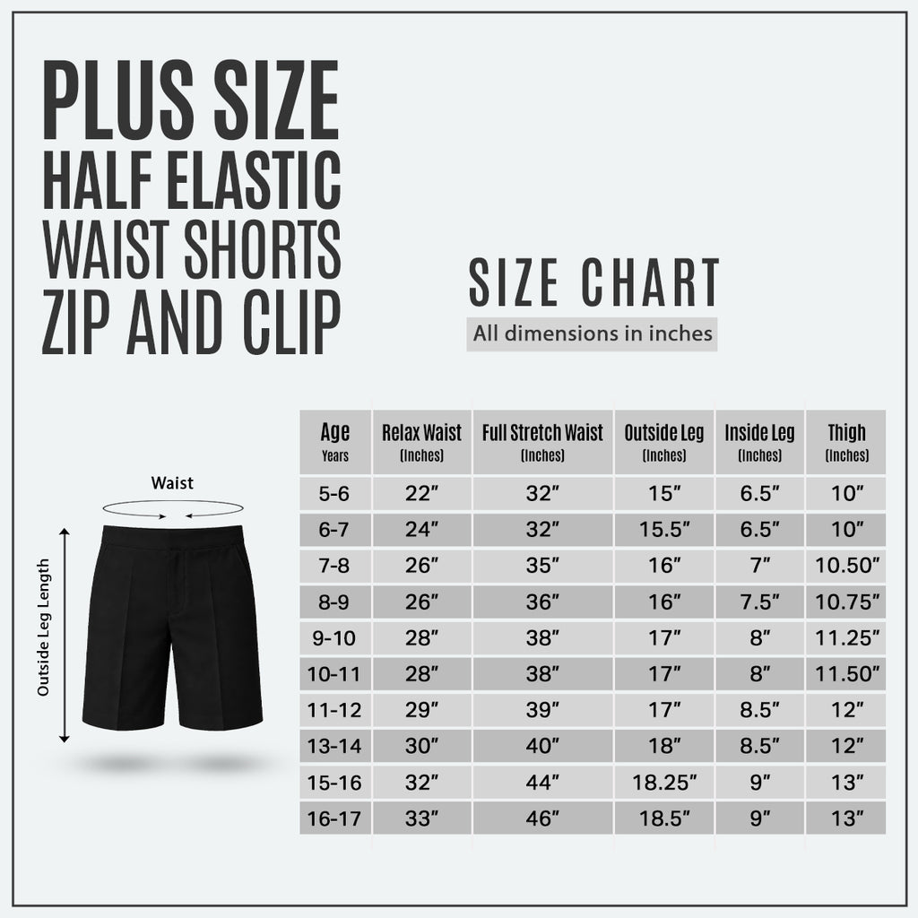 Black Plus Size School Shorts – Half Elasticated Waist with Zip & Clip