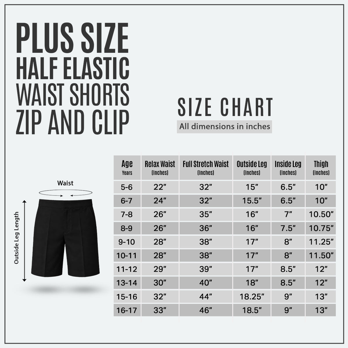 Pack of 2 Black Plus Size School Shorts – Half Elasticated Waist with Zip & Clip