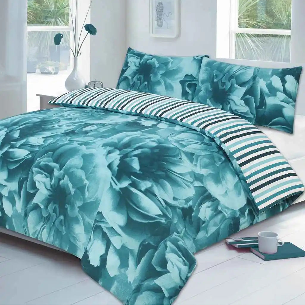 rose printed duvet cover set teal