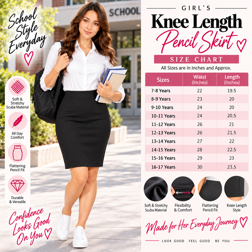 Pack of 2 Girls Plain Knee Length School Pencil Skirt | 2 Colours