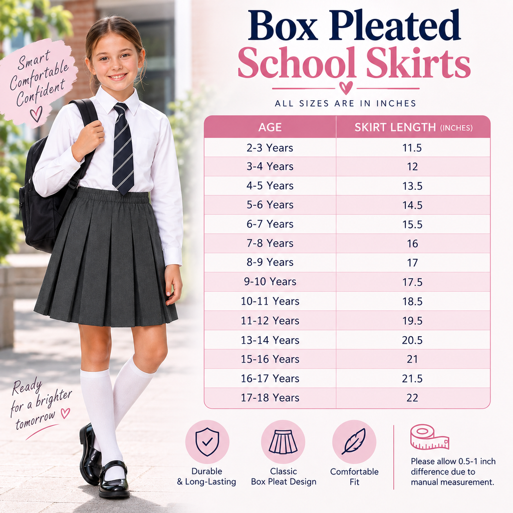 Pack of 2 Girls Plain Pull-On Box Pleated Skirts | 7 Colours
