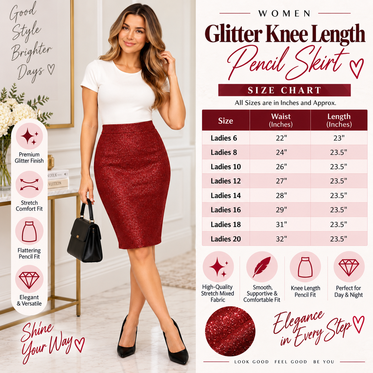 Glitter Pull-On Knee Length Pencil Skirt | 5 Colours
