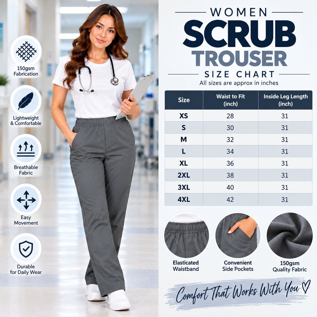 Women's healthcare uniform trousers size chart