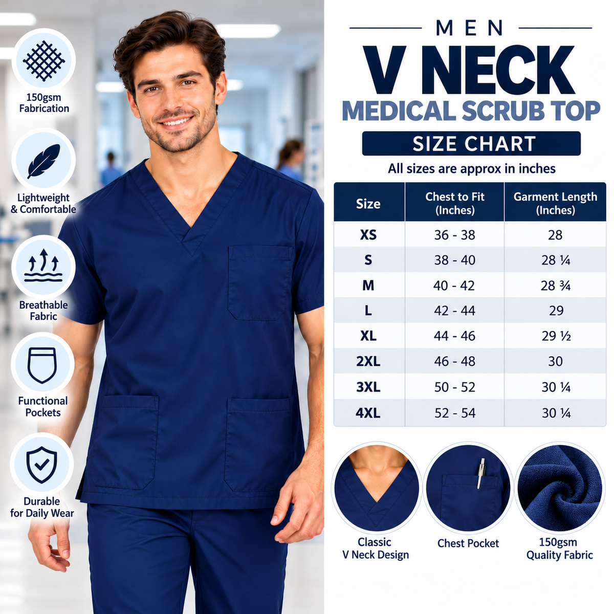 Men's V-neck medical scrub top size chart
