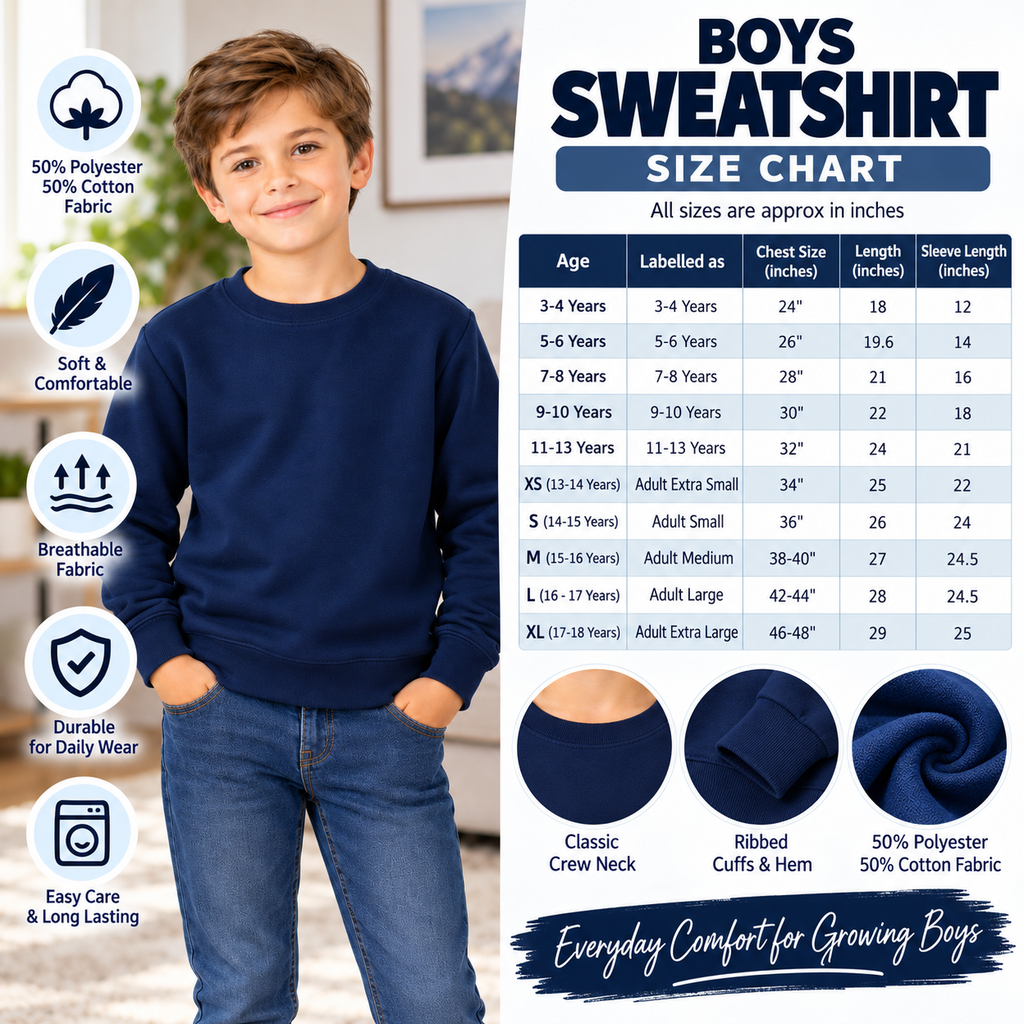 Boys' Crew Neck Fleece Sweatshirt size chart