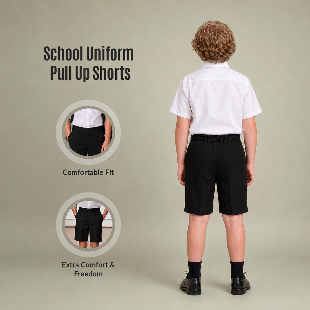 Black Half Elastic Pull Up Boys School Shorts