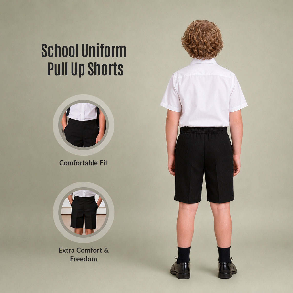Black Half Elastic Pull Up Boys School Shorts