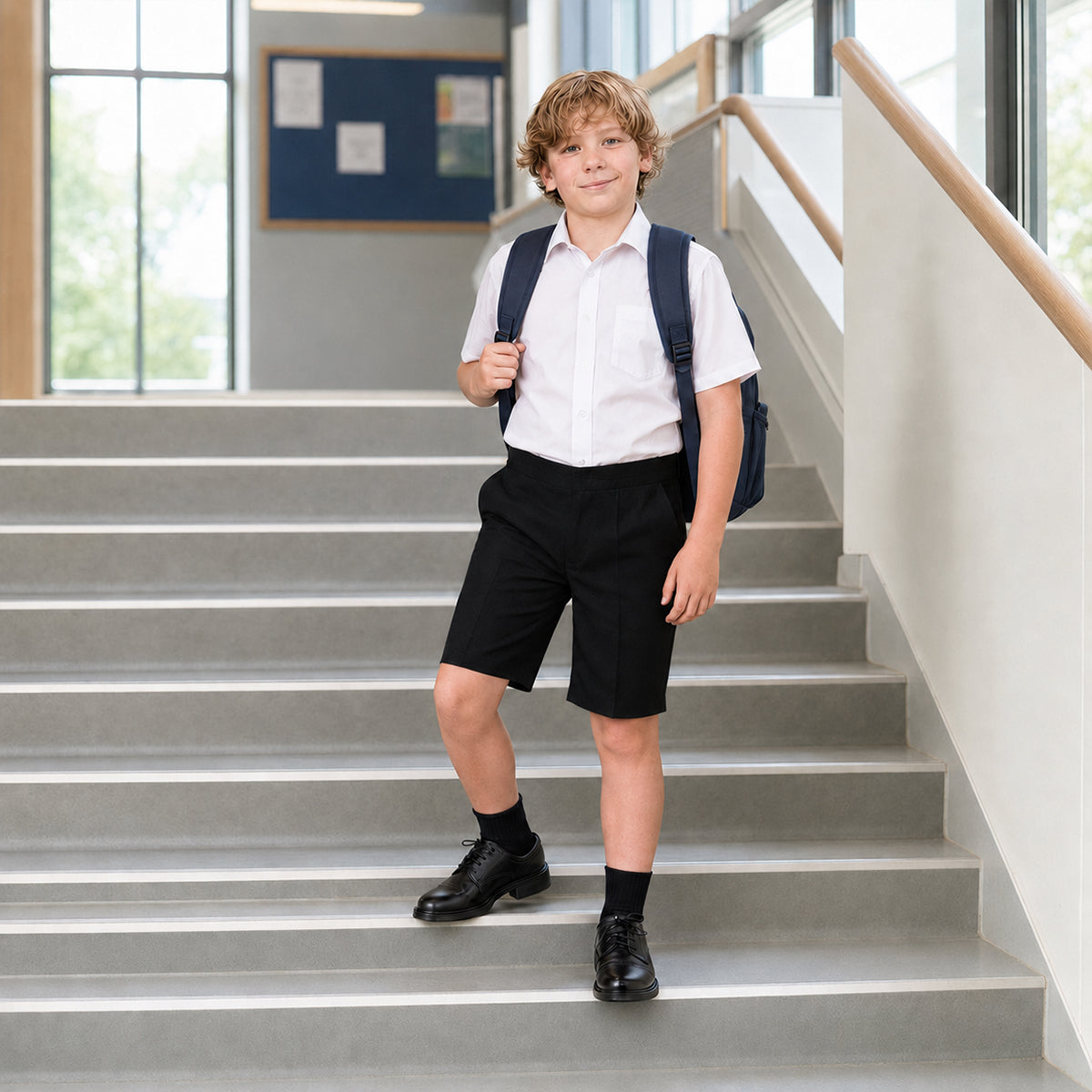Black Half Elastic Pull Up Boys School Shorts