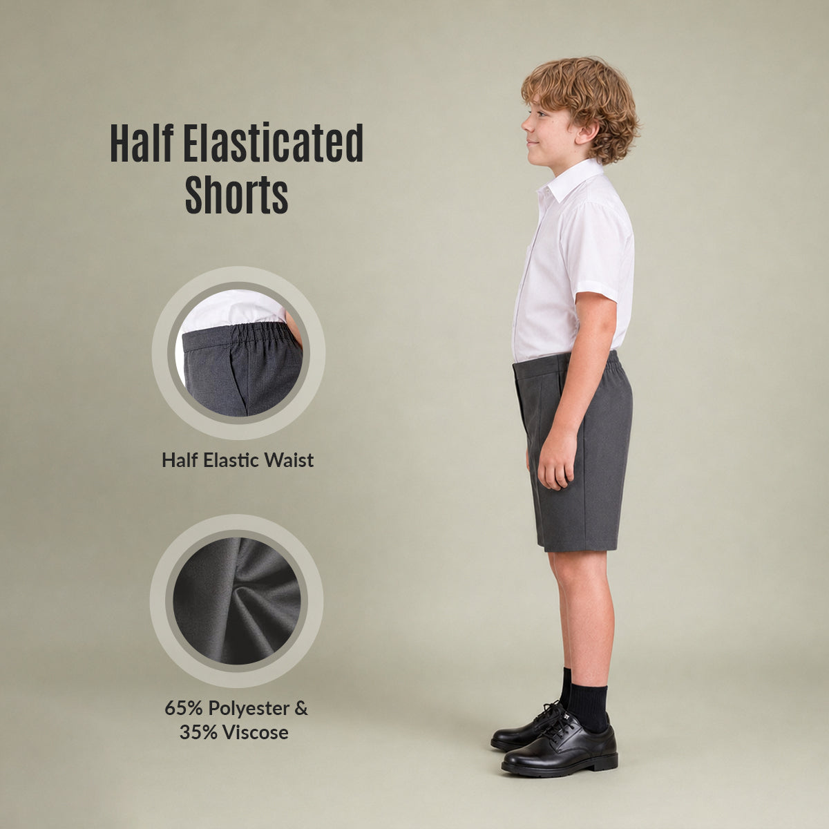 Grey Half Elastic Pull Up Boys School Shorts