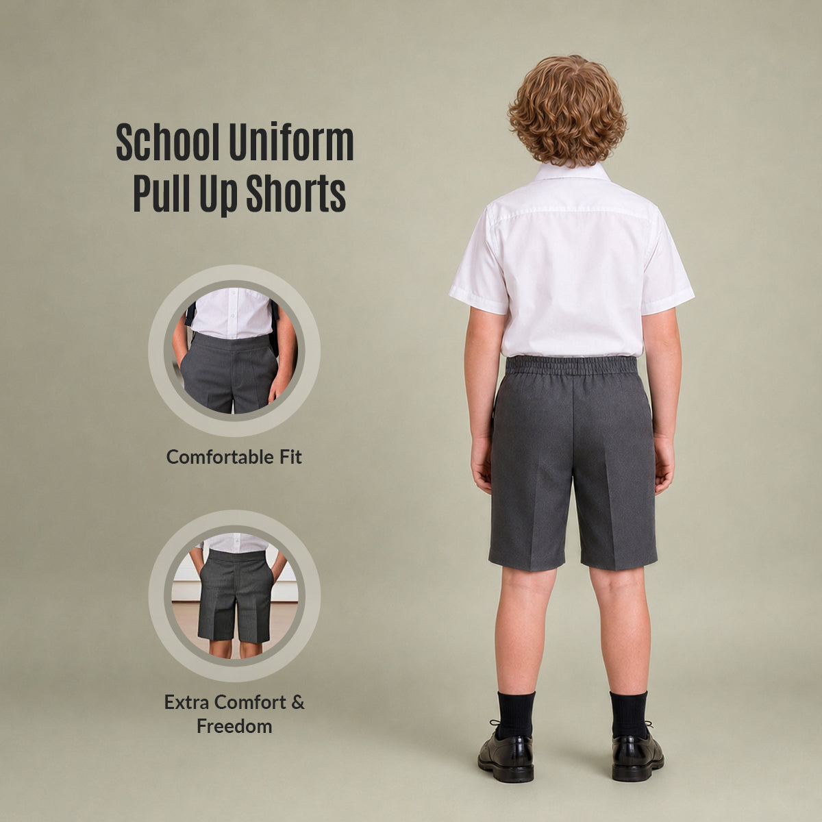 Grey Half Elastic Pull Up Boys School Shorts