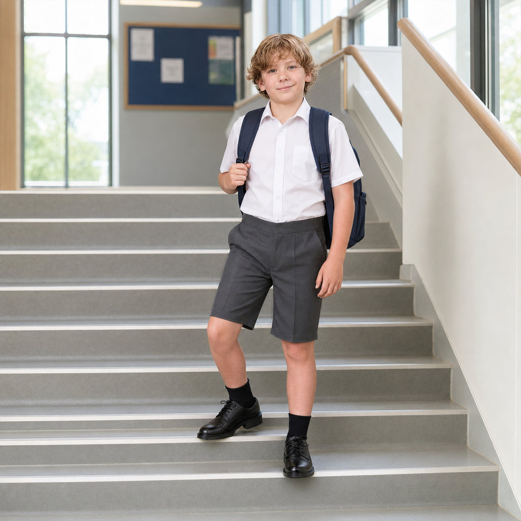 Grey Half Elastic Pull Up Boys School Shorts