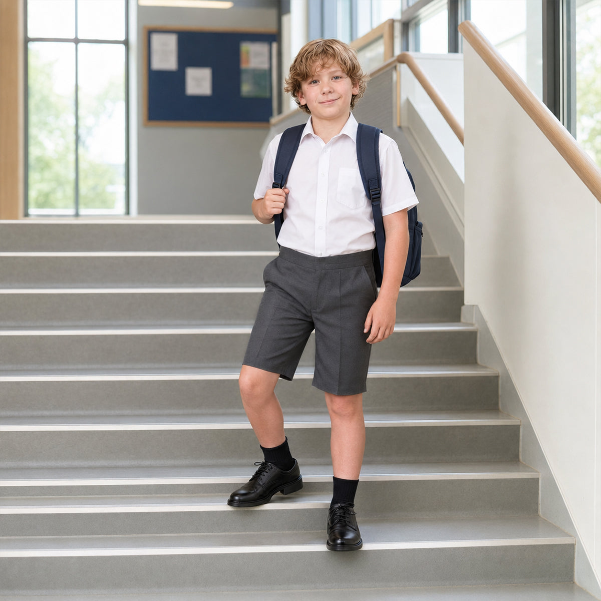 Grey Half Elastic Pull Up Boys School Shorts