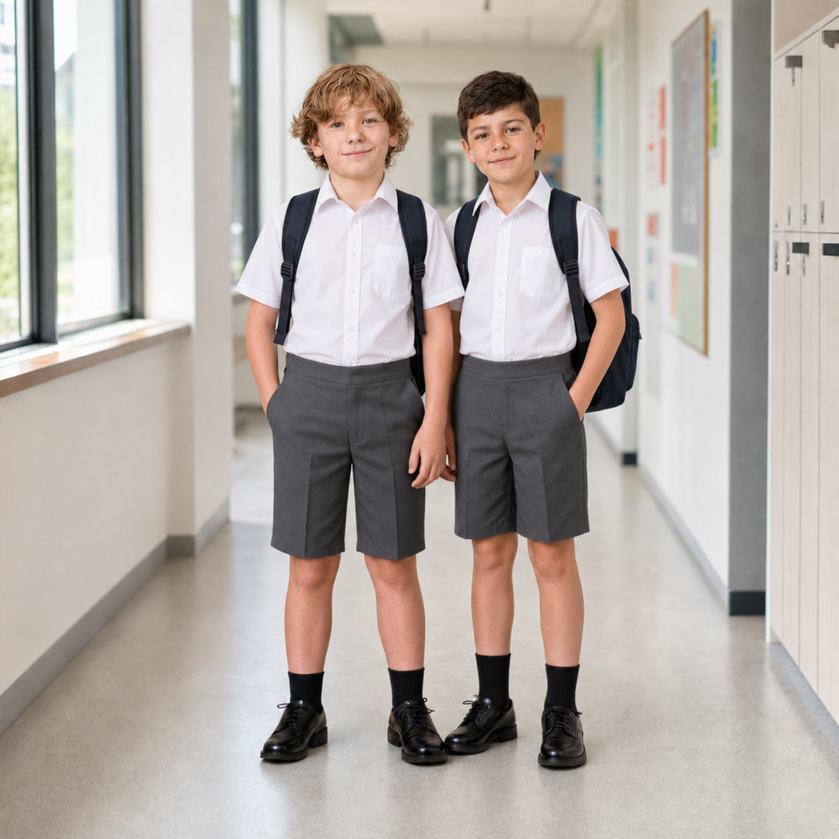 Pack of 2 Grey Half Elastic Pull Up Boys School Shorts