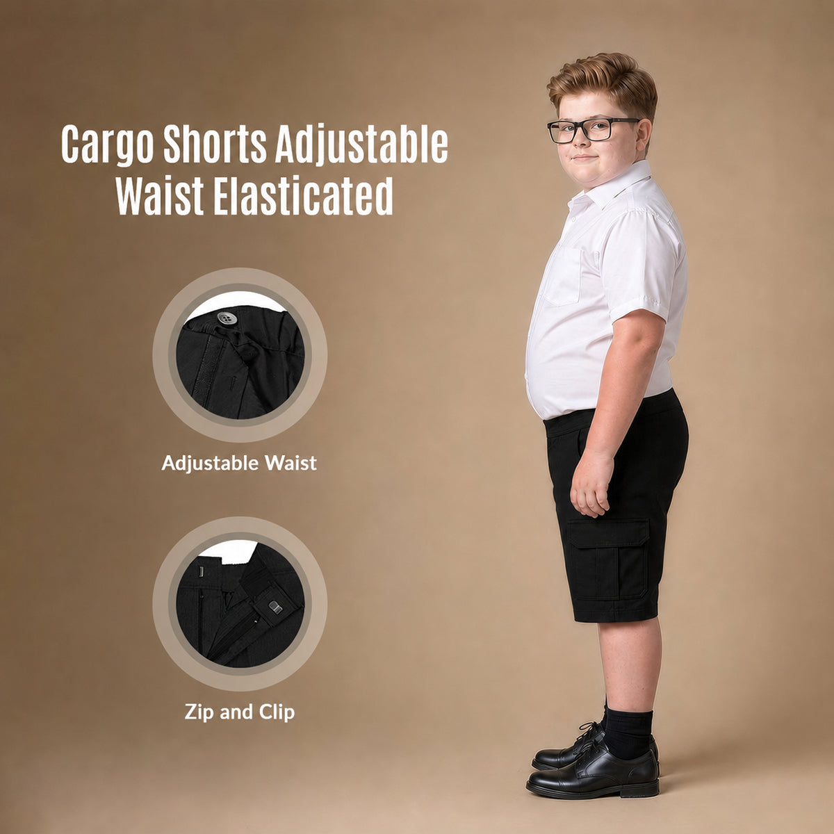 Pack of 2 Black Plus Size Adjustable Waist Cargo Shorts | Zip & Clip