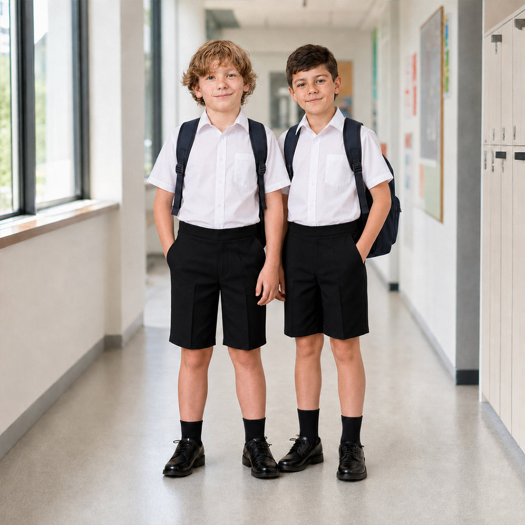 Pack of 2 Black Half Elastic Pull Up Boys School Shorts