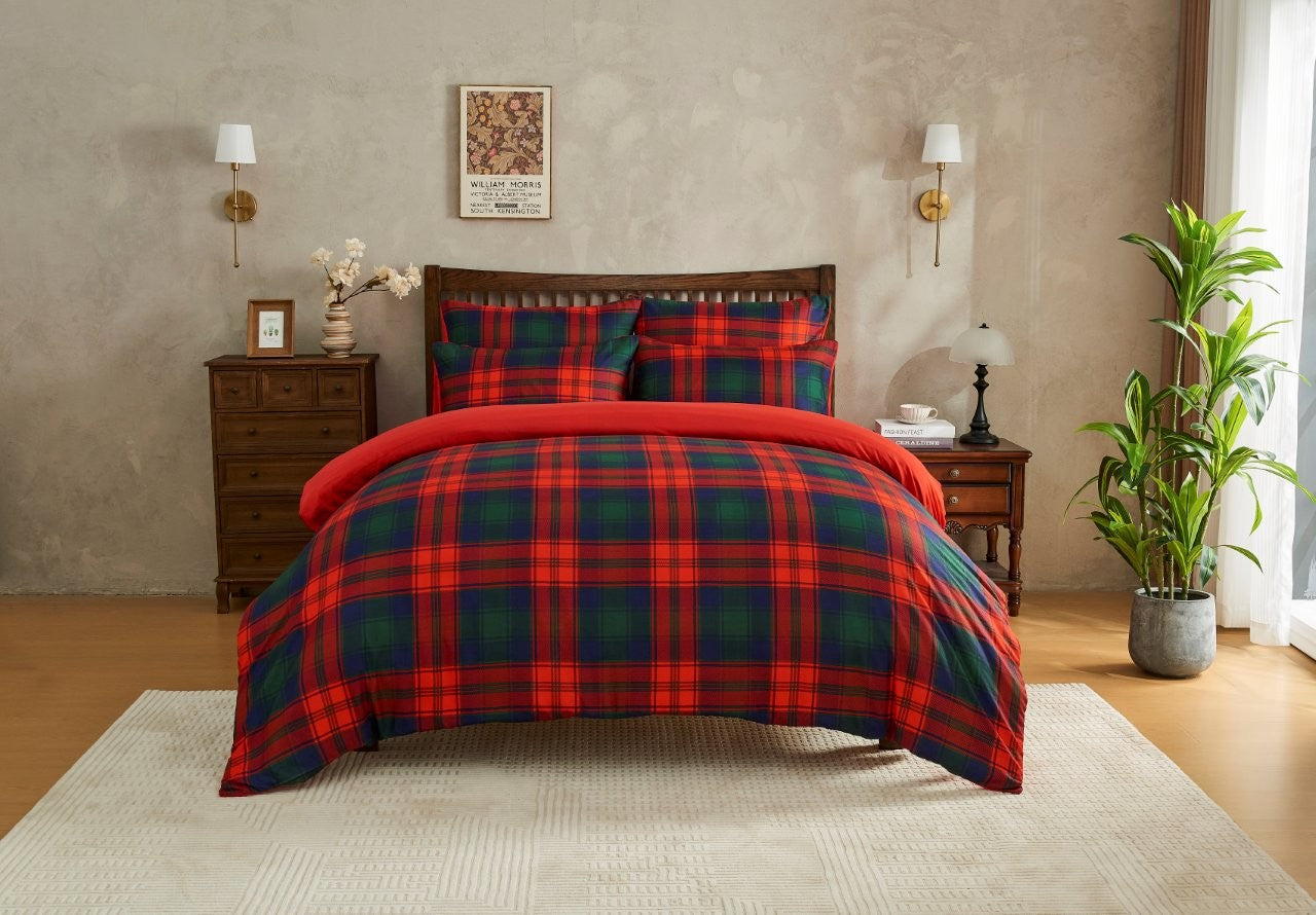 Scottish Tartan Check Navy Red Printed Duvet Cover Set