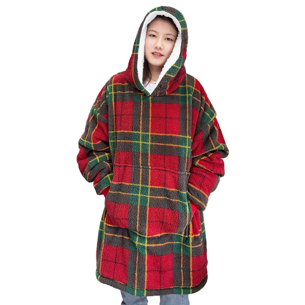 Tartan Red Sherpa Fleece Oversized Blanket Hoodie