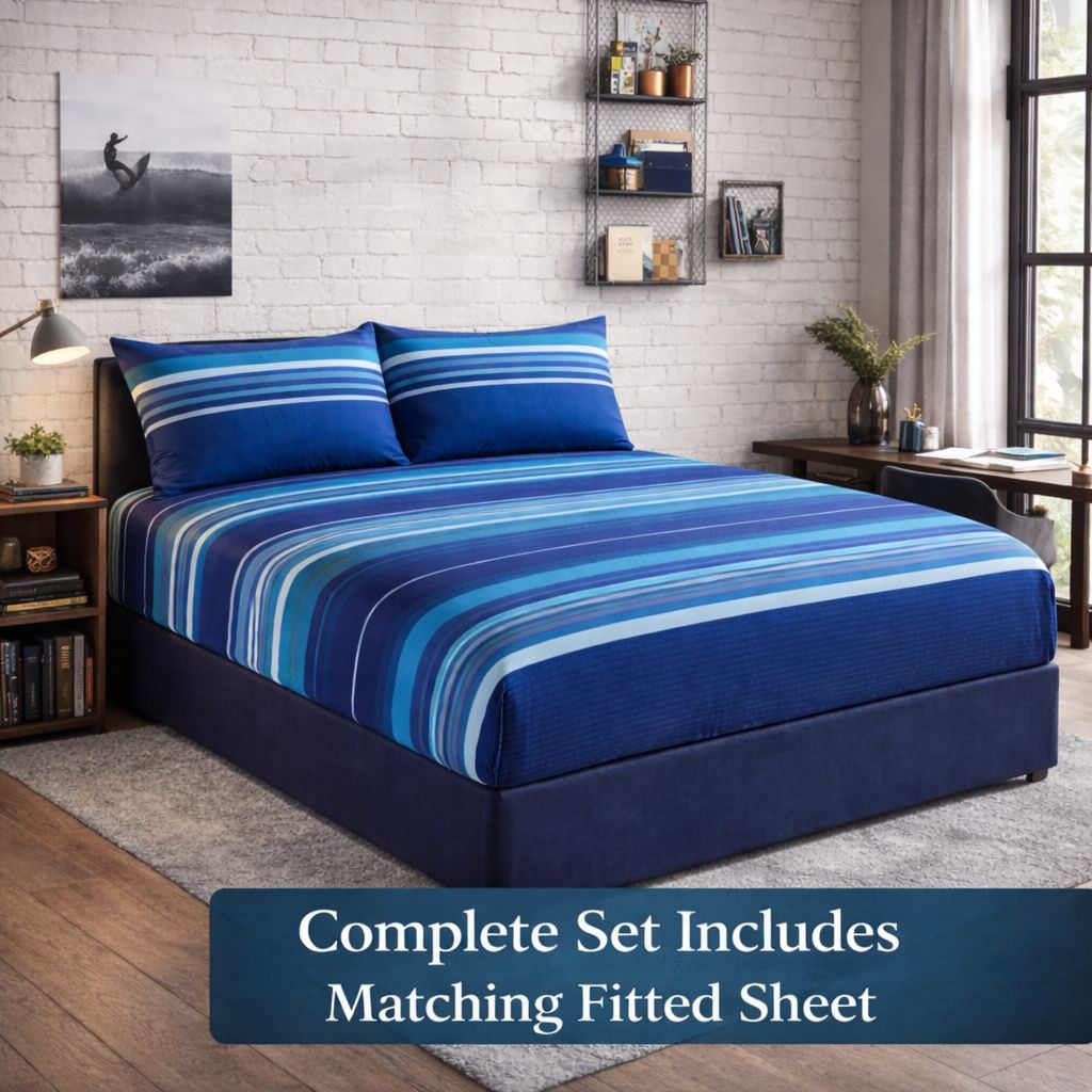 Vega Blue Printed Complete Set | Duvet Cover + Fitted Sheet + Pillowcases