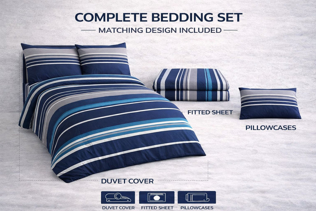 Vega Navy Printed Complete Set | Duvet Cover + Fitted Sheet + Pillowcases