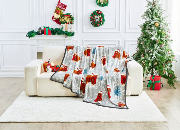 Winter Highland Cow Xmas Flannel Sherpa Throw