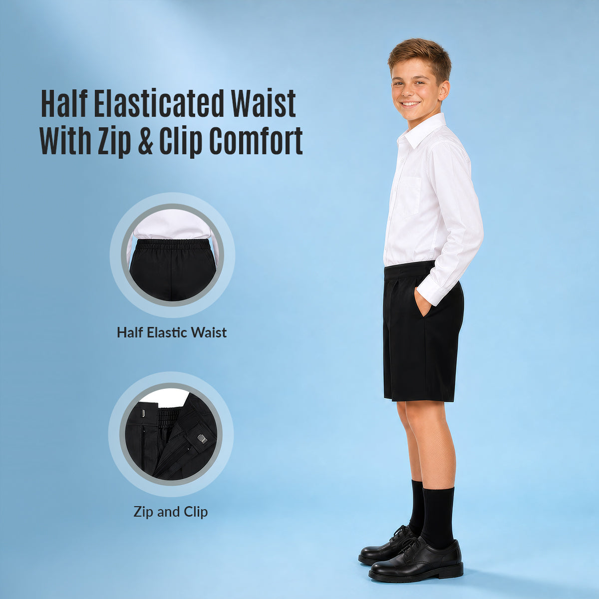 Black Half Elastic Zip & Clip Boys School Shorts