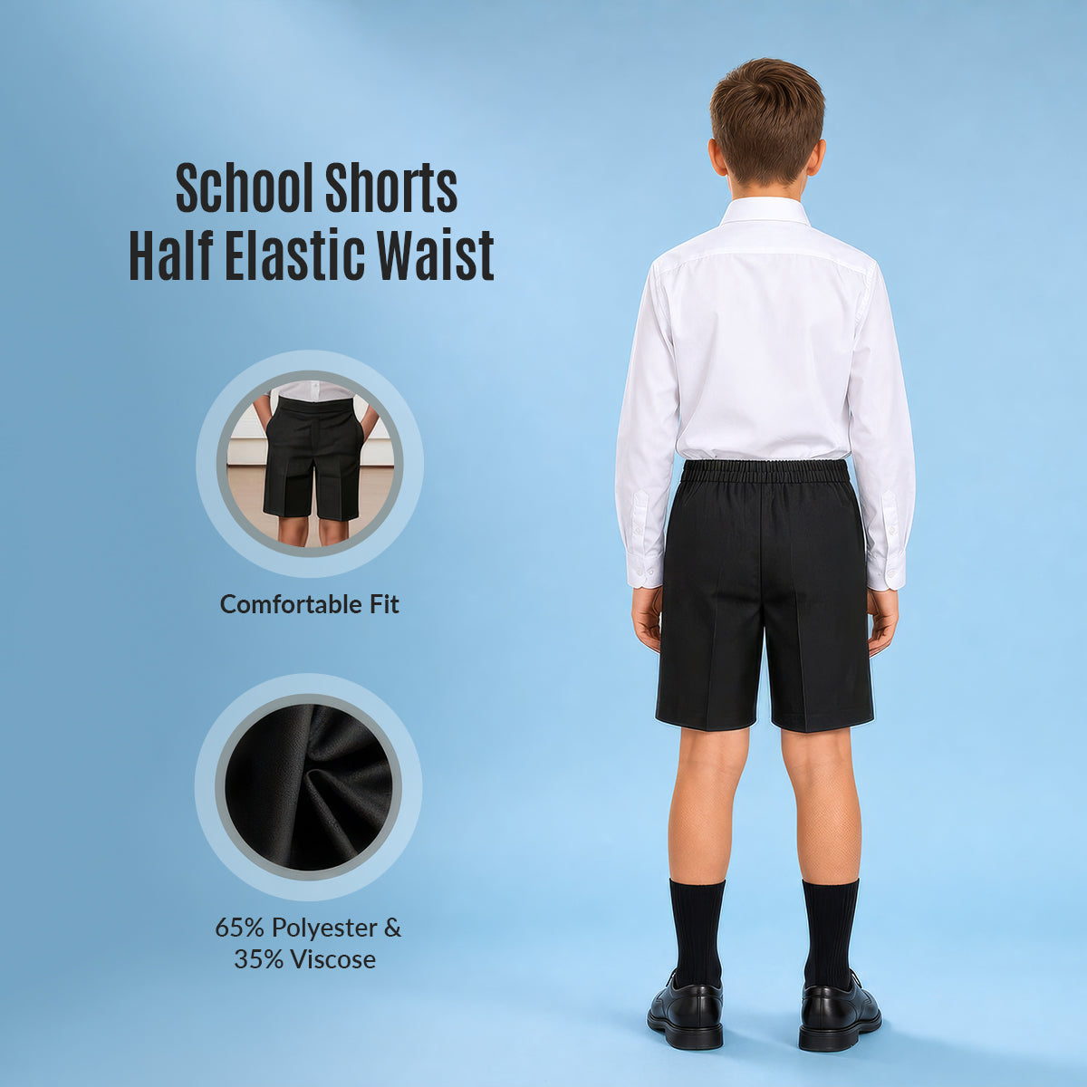 Black Half Elastic Zip & Clip Boys School Shorts