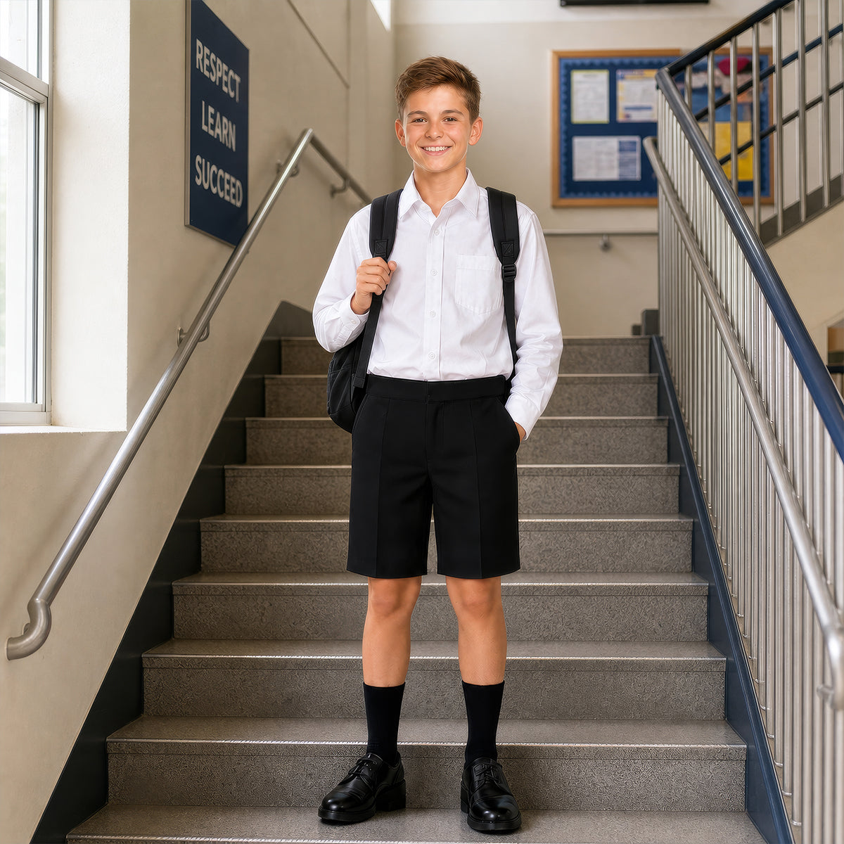 Black Half Elastic Zip & Clip Boys School Shorts