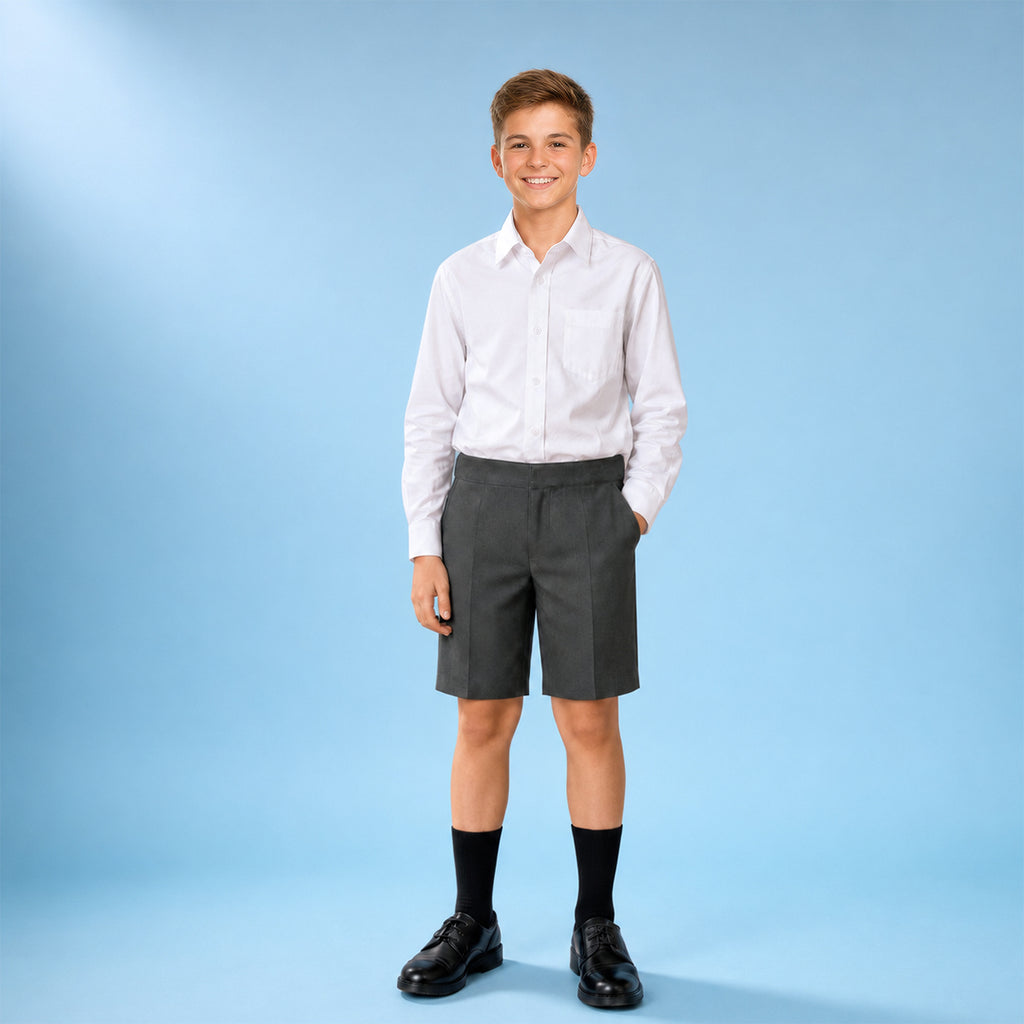 Grey Half Elastic Zip & Clip Boys School Shorts