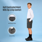 Grey Half Elastic Zip & Clip Boys School Shorts