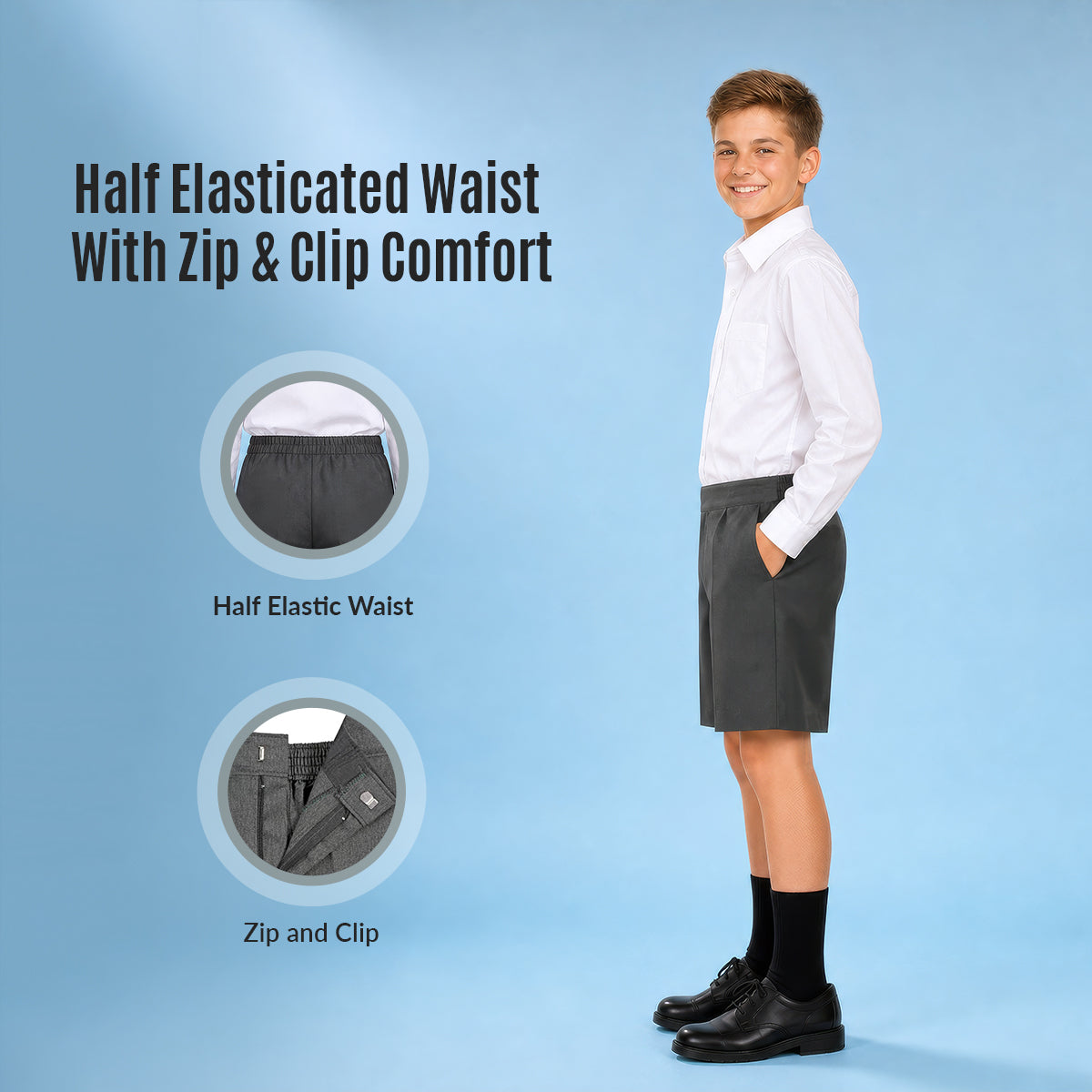 Pack of 2 Grey Half Elastic Zip & Clip Boys School Shorts