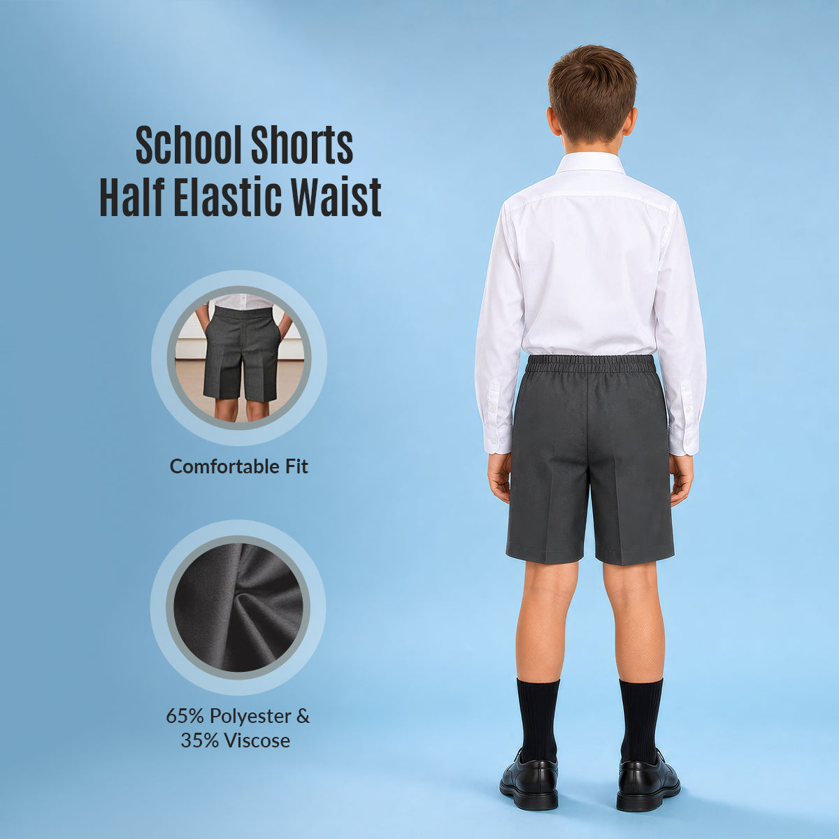 Pack of 2 Grey Half Elastic Zip & Clip Boys School Shorts
