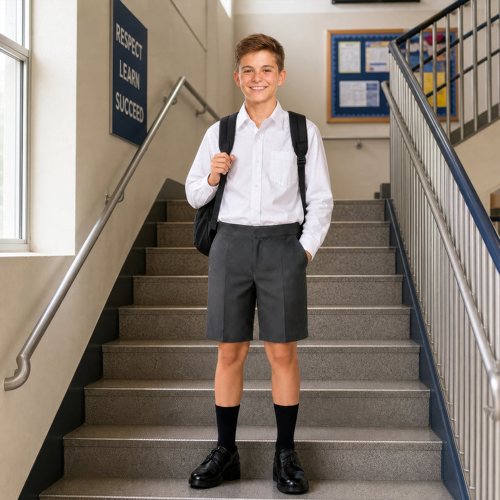 Grey Half Elastic Zip & Clip Boys School Shorts