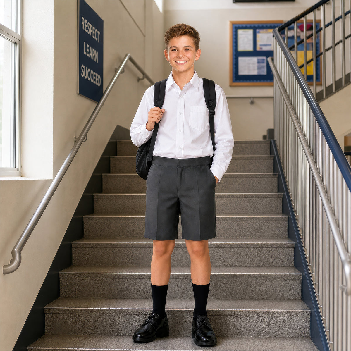 Grey Half Elastic Zip & Clip Boys School Shorts