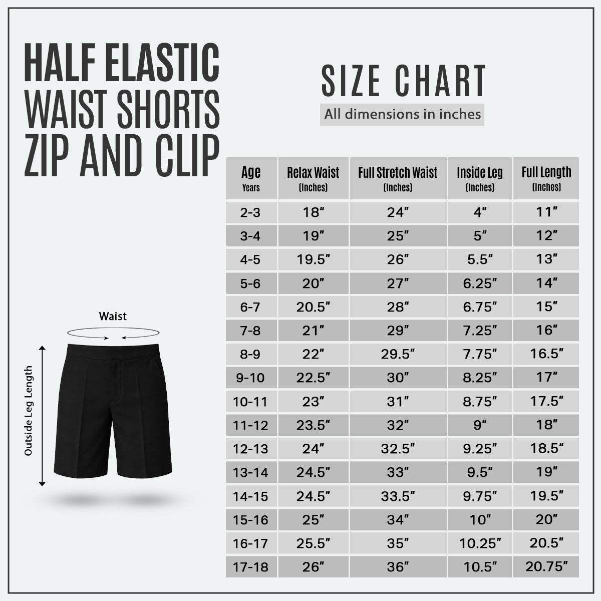 Black Half Elastic Zip & Clip Boys School Shorts
