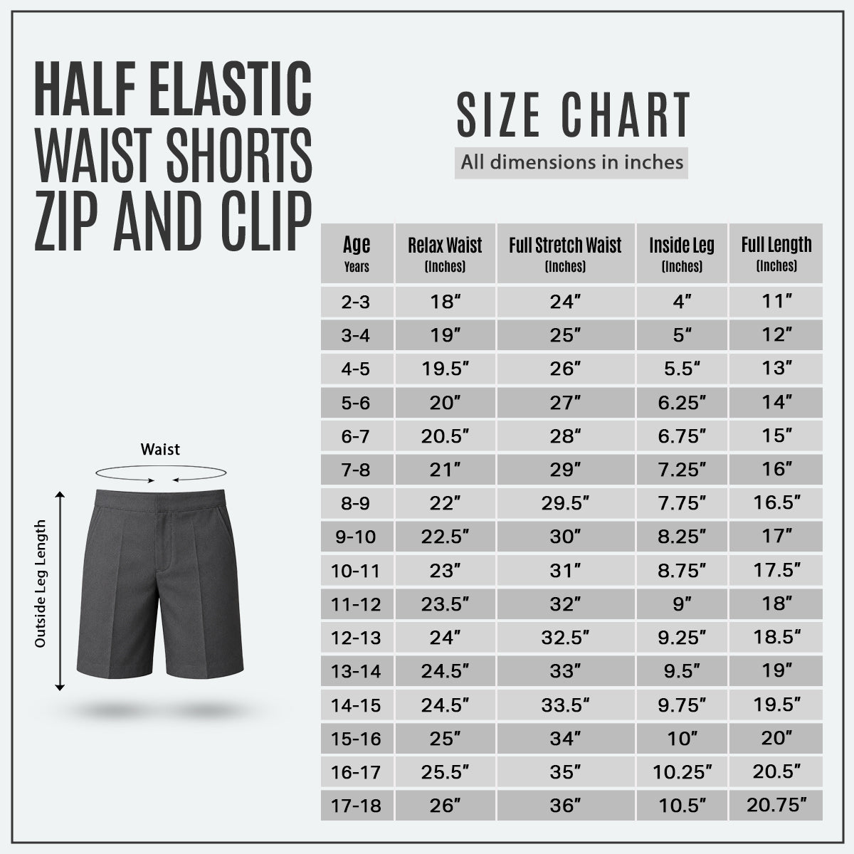 Pack of 2 Grey Half Elastic Zip & Clip Boys School Shorts